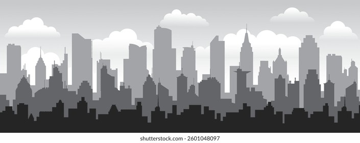 Black cityscape skyline panorama with gray misty imaginary city buildings