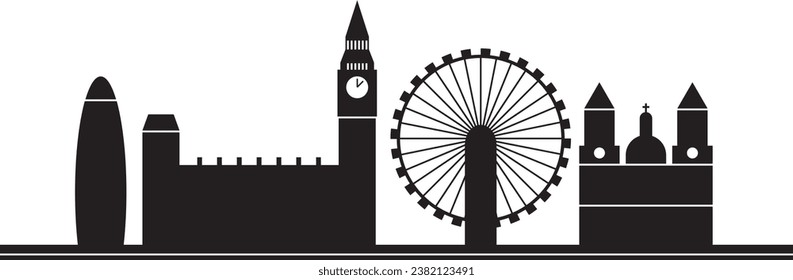 Black cityscape skyline panorama of LONDON, UNITED KINGDOM containing various city architectural symbols and buildings