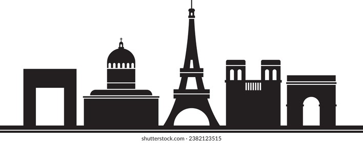 Black cityscape skyline panorama of PARIS, FRANCE containing various city architectural symbols and buildings