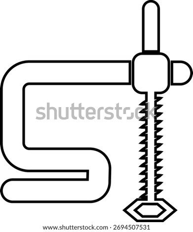 Black clamp tool icon, C-clamp and vise symbol metalwork and carpentry equipment group in flat and line outline style, industrial construction, mechanic, and workshop vector design