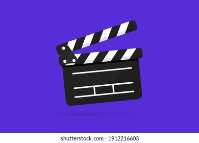 Black Clapper board icon with button player in flat style. Clapperboard Vector Illustration. Movie Film clapper board. Filmmaking or video movie, cinematography device, film production