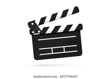 Black clapper board icon with button player in flat style. Clapperboard Vector Illustration. Movie Film clapper board. Filmmaking or video movie, cinematography device, film production