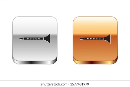 Black Clarinet icon isolated on white background. Musical instrument. Silver-gold square button. Vector Illustration