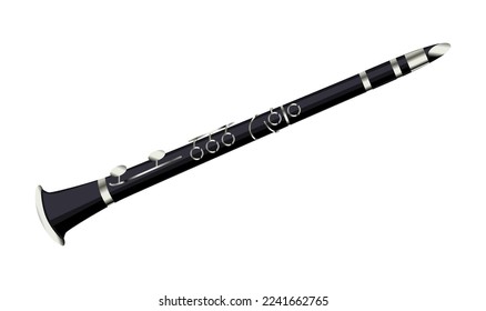 Black clarinet musical instrument isolated on white background. Modern flute for professional musician in Jazz, blues, classical orchestra, concert sound. Flat style design icon. Vector illustration