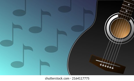 Black classic acoustic guitar on a blue background with notes