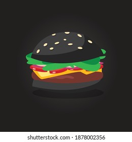Black classic American burger. Colorful hamburger with bread, beef, meat, lettuce, onion, tomato, cucumber, sesame seeds. Vector fast food illustration for advertise, commercial, banner, flyer design.