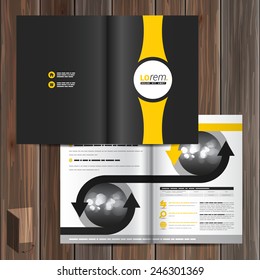 Black classic brochure template design with yellow central element. Cover layout