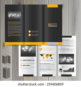 Black classic brochure template design with yellow shapes. Cover layout