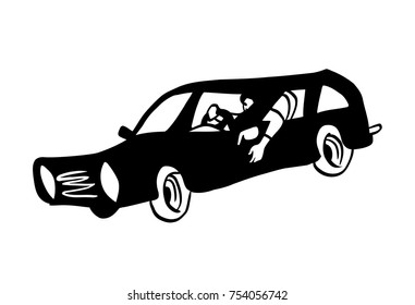 Black classic car with a driver inside. Vector illustration.