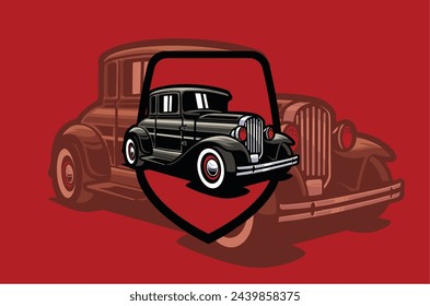 Black classic car logo on a red background: Shows the elegance of a classic car in elegant black, accompanied by a red background that adds a dramatic and attractive retro impression.