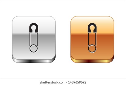 Black Classic closed steel safety pin icon isolated on white background. Silver-gold square button. Vector Illustration