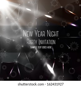 Black classic colored invitation for New Year Party, with snowflakes on triangle based background. With place for your text. Vector