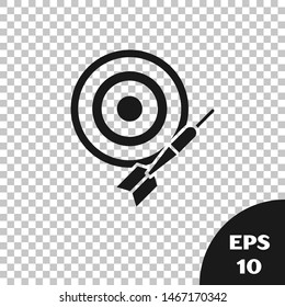 Black Classic dart board and arrow icon isolated on transparent background. Dartboard sign. Game concept.  Vector Illustration