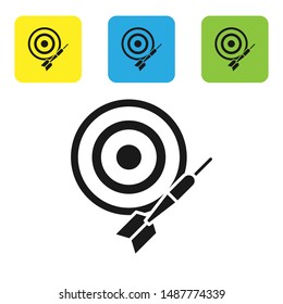 Black Classic dart board and arrow icon isolated on white background. Dartboard sign. Game concept. Set icons colorful square buttons. Vector Illustration