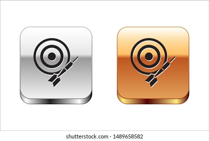 Black Classic dart board and arrow icon isolated on white background. Dartboard sign. Game concept. Silver-gold square button. Vector Illustration