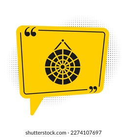 Black Classic dart board and arrow icon isolated on white background. Dartboard sign. Game concept. Yellow speech bubble symbol. Vector Illustration