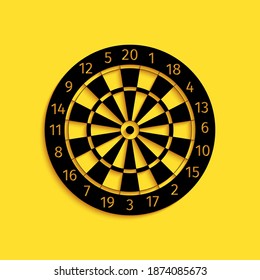 Black Classic darts board with twenty black and white sectors icon isolated on yellow background. Dart board sign. Dartboard sign. Game concept. Long shadow style. Vector.