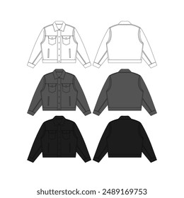 Black Classic Denim Jacket Mockup Template Streetwear Classic Denim Jacket Vector Flat Technical Illustration Classic Denim Jacket Fashion Design Template Vector CAD Classic Denim Jacket Mock-up