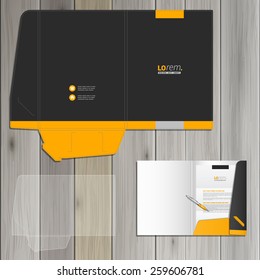 Black classic folder template design for corporate identity with yellow shapes. Stationery set