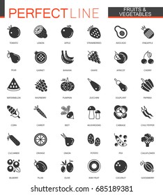 Black classic fruits and vegetables web icons set.