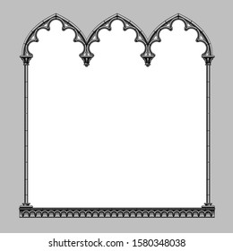 Marco decorativo de arquitectura gótica clásica negra. Dibujo estilizado de grabado de época. Ilustración vectorial