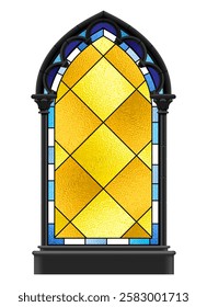 Black classic gothic architectural decorative frame with a colorful stained glass isolated on white. Vector Illustration in 3d style