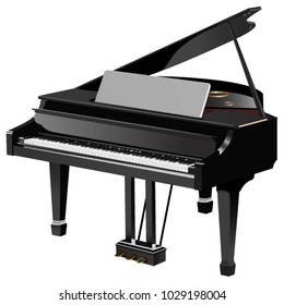 Black, Classic, Grand Piano Vector Illustration With The Lid Open.