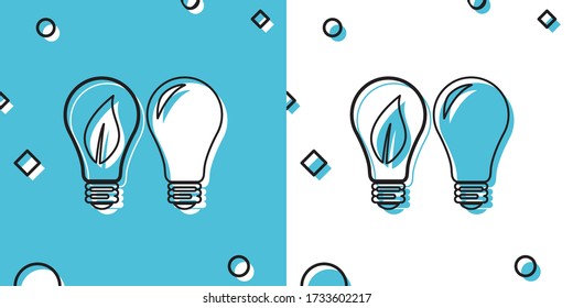 Black Classic Lamp and Light bulb with leaf inside icon isolated on blue and white background. Lighting electric lamp. Green eco energy concept. Random dynamic shapes. Vector Illustration