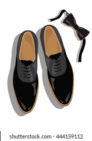 Black classic male shoes top view. Black elegant shoes and bow Vector