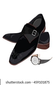 Black classic male shoes and watch. Black elegant shoes and vintage clock Vector