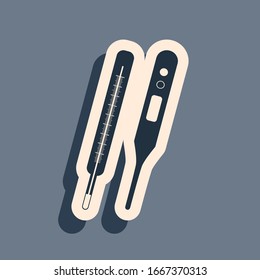 Black Classic Medical thermometer and digital thermometer for medical examination icon isolated on grey background. Long shadow style. Vector Illustration