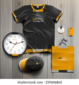 Black classic promotional souvenirs design for corporate identity with yellow shapes. Stationery set