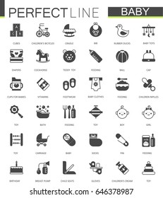 Black classic web icons set. Baby toys, feeding and baby care.