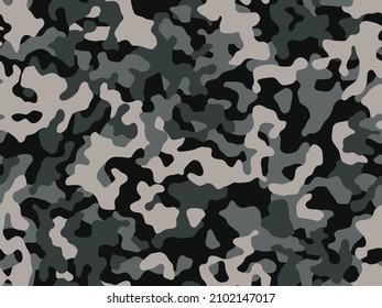 Black classical military background of soldier camouflaging, seamless pattern. Modern vector woodland camo texture for army clothing.