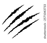 Black claws scratche animal. Four scratches shape. Wild animal claw marks. Funny design element. Vector illustration