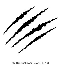 Black claws scratche animal. Four scratches shape. Wild animal claw marks. Funny design element. Vector illustration