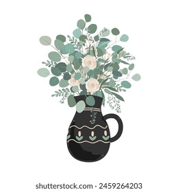 Black clay jar with eucalyptus branches and roses bouquet isolated on white background. Floral illustration for design, print, postcards, thank you cards. Vector