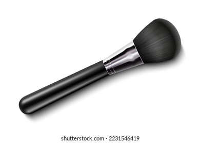Black Clean Professional Makeup Powder Brush with black handle isolated on white background. 3d realistic vector illustration.