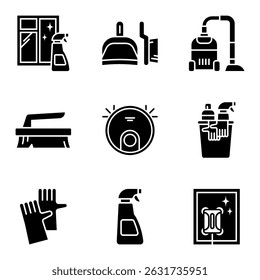 Conjunto de ícone de limpeza preto com sprays, aspiradores e equipamentos de higiene.Ilustração vetorial