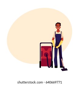 Black cleaning service boy, man in overalls with professional vacuum cleaner, cartoon vector illustration with space for text. African black cleaning service boy doing vacuum cleaning