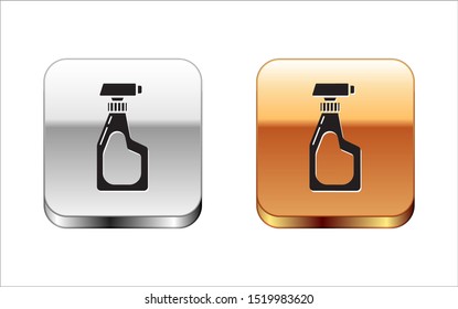 Black Cleaning spray bottle with detergent liquid icon isolated on white background. Silver-gold square button. Vector Illustration