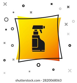 Black Cleaning spray bottle with detergent liquid icon isolated on white background. Yellow square button. Vector Illustration