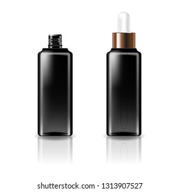 Black clear cosmetic square bottle with white-copper dropper lid for beauty, healthy product. Isolated on white background with reflection shadow. Ready to use for package design. Vector illustration.