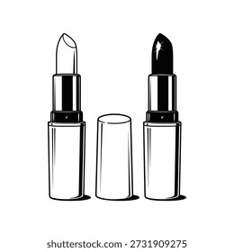 Black and clear lipstick tubes with caps on a pure white background, detailed illustration, simple lines, beauty products
