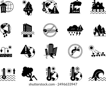 Conjunto de iconos de cambio climático negro. Vector Icon Calentamiento global, Tsunami, Incendio, Terremoto, Sequía, Inundación, Sin agua, Radiación solar, Deforestación y más