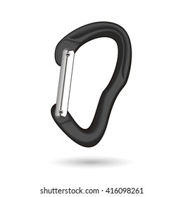 Black climbing carabiner with shadow. Isolated on the white background.
