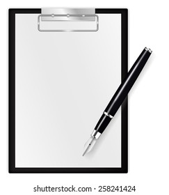 Black clipboard with blank sheets of paper with fountain writing pen - vector drawing isolated on white background
