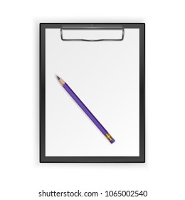 Black clipboard with blank white sheet and realistic pencil, vector illustration