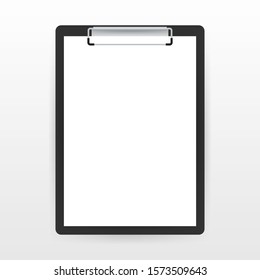 Black clipboard with blank white sheet. Vector stock illustration.