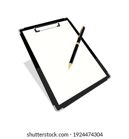Black clipboard with blank white sheet and pen taking notes on clipboard. Isolated on white background. Vector